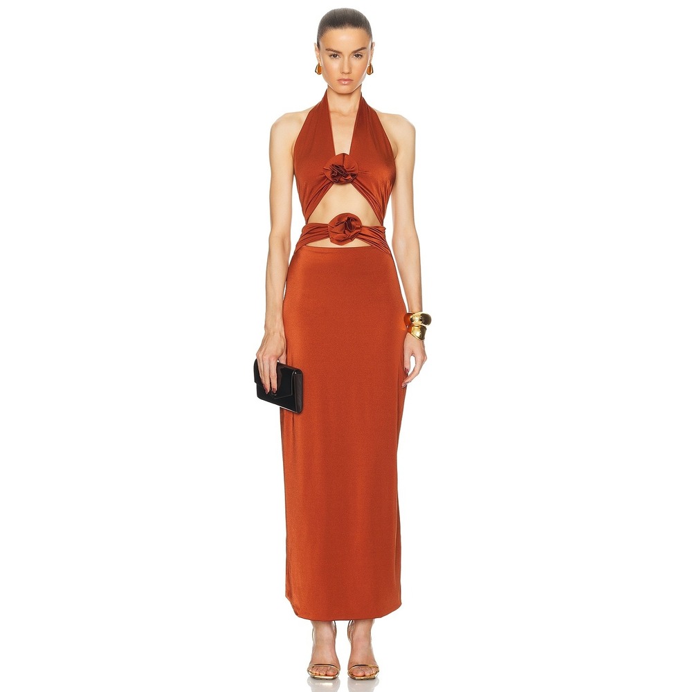 Maygel Coronel Rust Orange Halter Cutout Rosette Maxi Dress Womens  OS